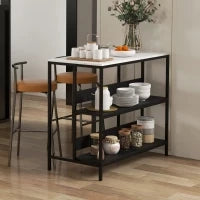 Isola da Cucina con Mensole, Piano Effetto Marmo e Struttura in Metallo, 100x50x90cm, Nero e Bianco
