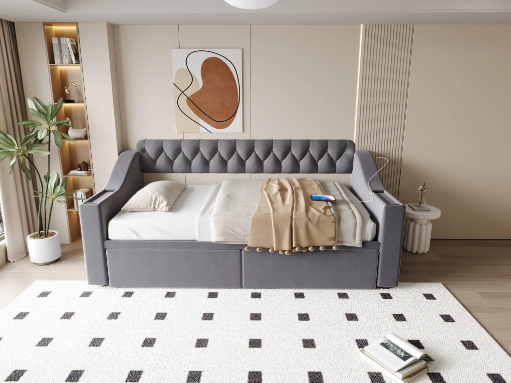 Letto divano con funzione letto e stoccaggio in velluto grigio scuro 90x190 cm