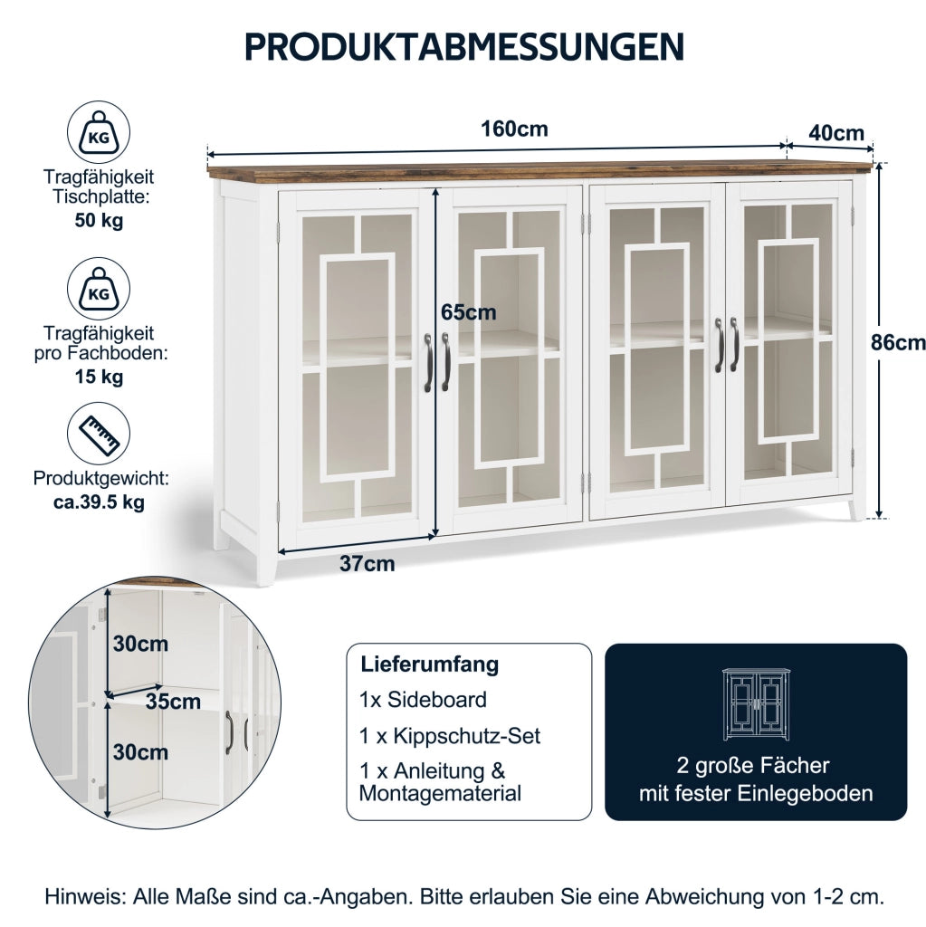 Credenza da cucina 160 cm bianca con ante in vetro e ripiani