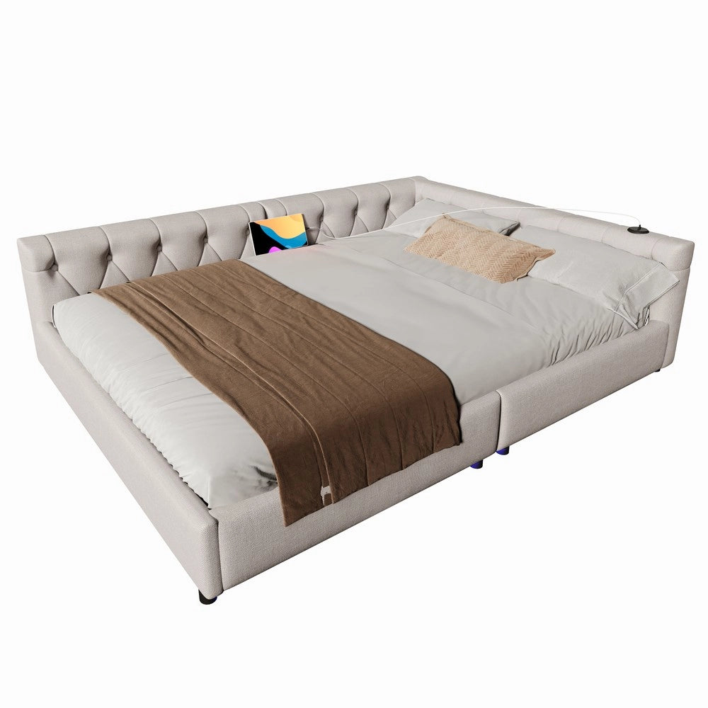 Letto Divano con Rete a Doghe e LED ¨C MINIMAL ¨C Tessuto Beige 140x200
