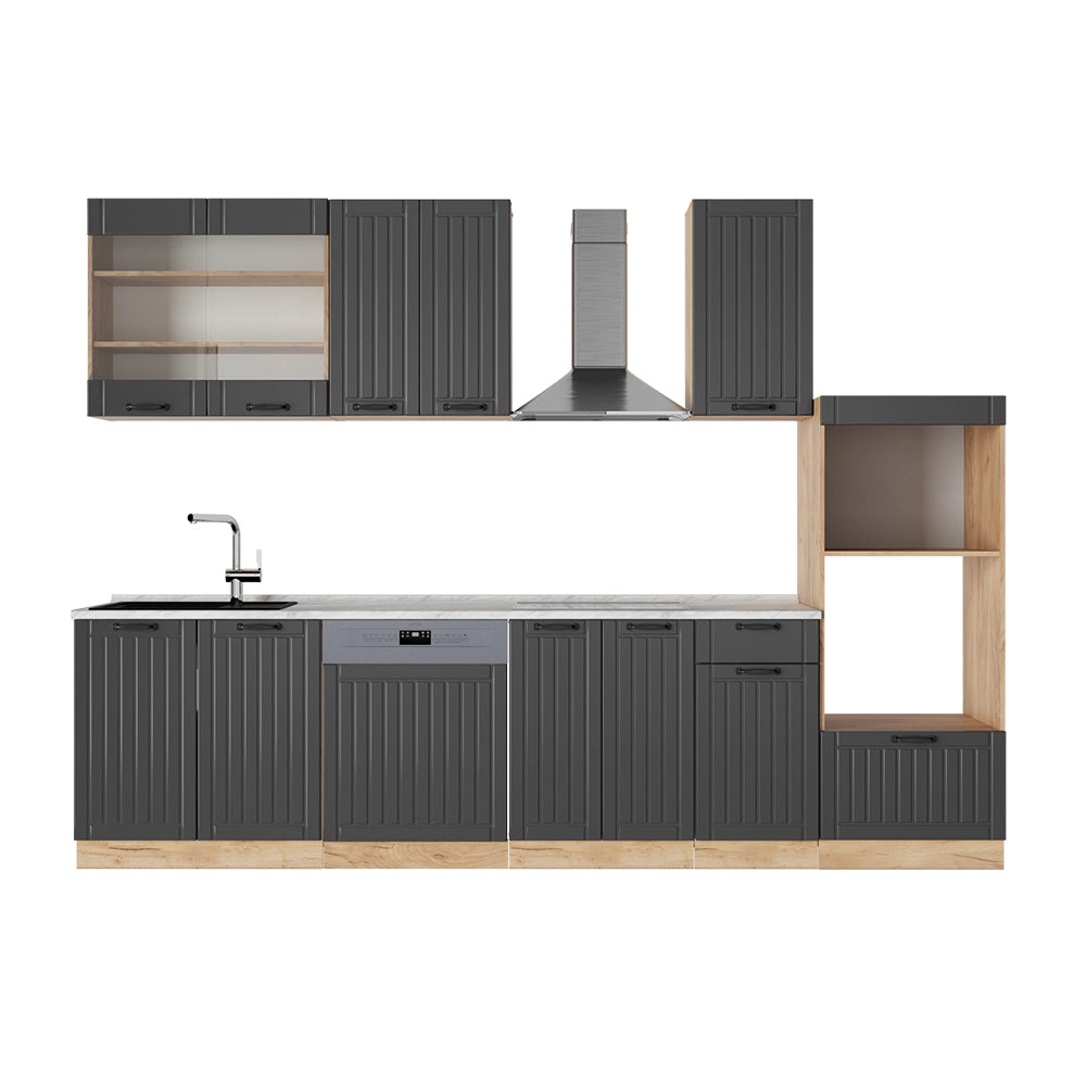 Cucina componibile Fame-Line Grigio scuro/Rovere dorato 300 cm con armadio alto, PL Marmo Vicco