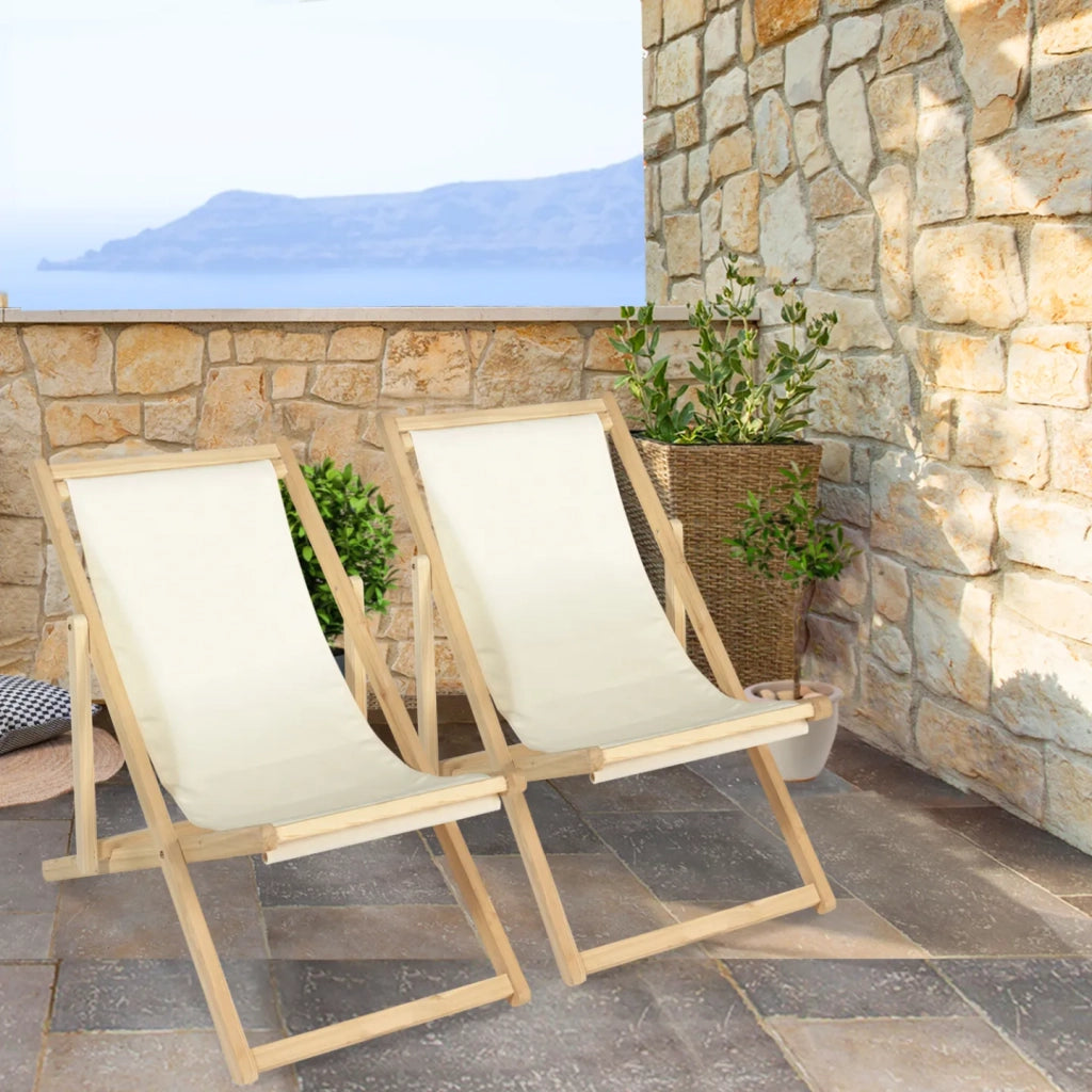 IDMarket - Set di 2 lettini pieghevoli in legno tela chilienne ecrù