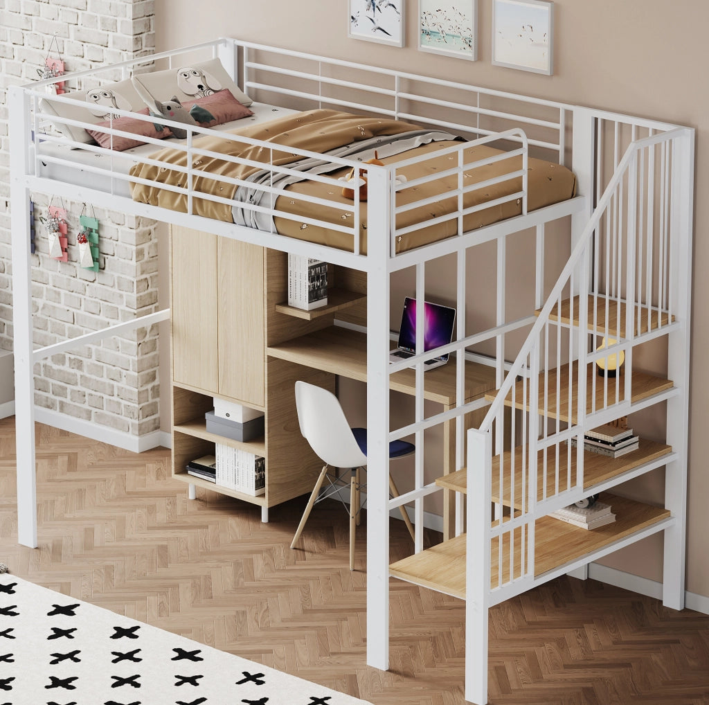 Letto a soppalco 140 x 200 cm bianco con scala e vano inferiore