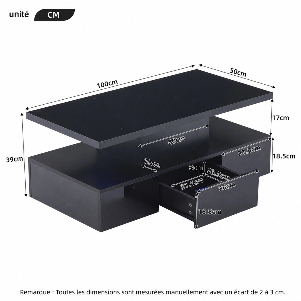 TAVOLINO DA CAFFÈ 100x50x39 cm Nero con LED e 1 cassetto