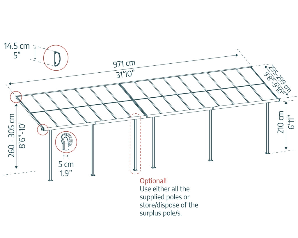 Canopia Sierra Cabrio Pergola Addossata in Alluminio 3X9.7 m Struttura grigia / Pannelli grigio opaco