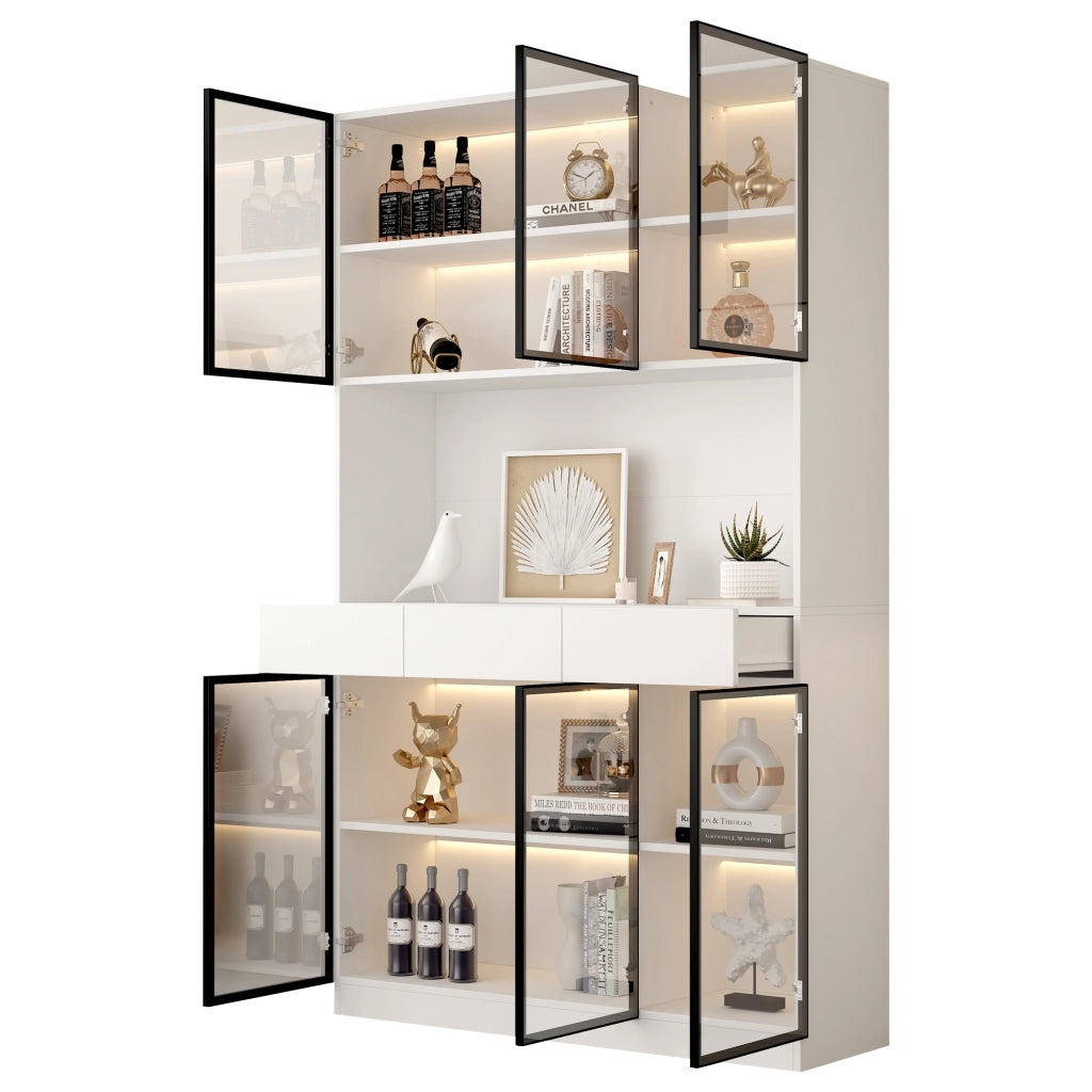 Vetrina con Ante in Vetro e LED ¨C Xylo ¨C Bianco/Nero, Libreria Scaffale Soggiorno Ufficio 200 cm