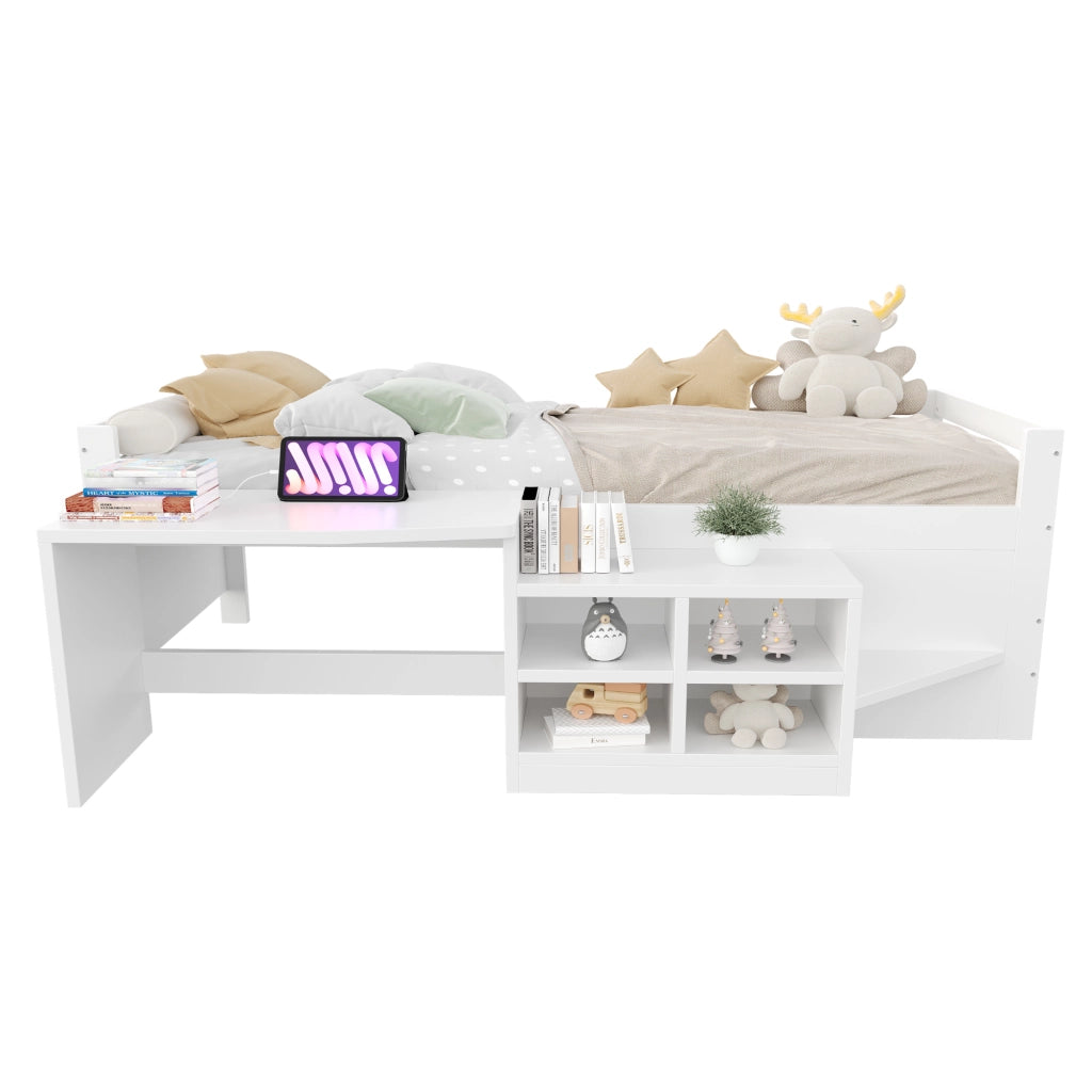 LETTO Singolo 90x200 cm con scrivania, vani contenitori e prese USB Bianco