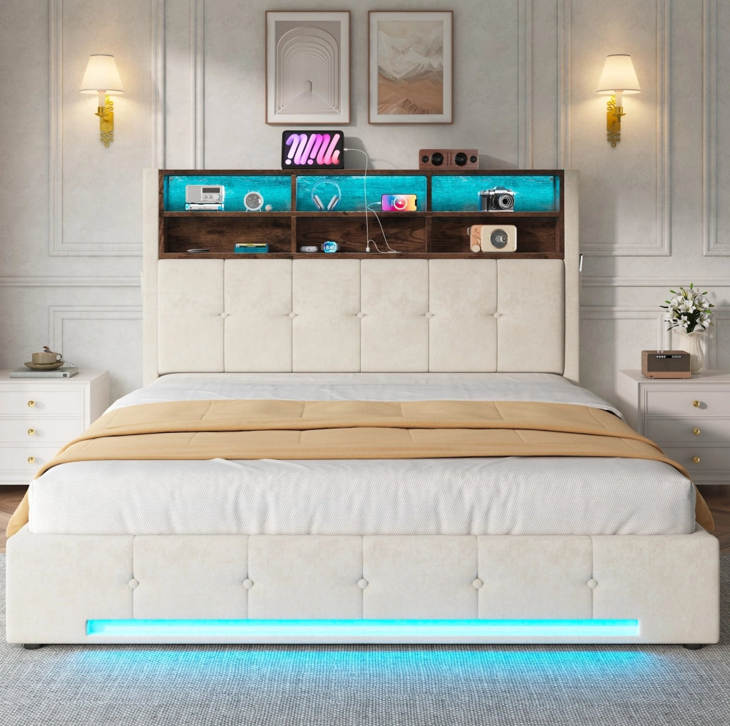 Letto imbottito 180x200 cm con contenitore; LED e USB-C in velluto beige