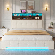 Letto imbottito 180x200 cm con contenitore; LED e USB-C in velluto beige