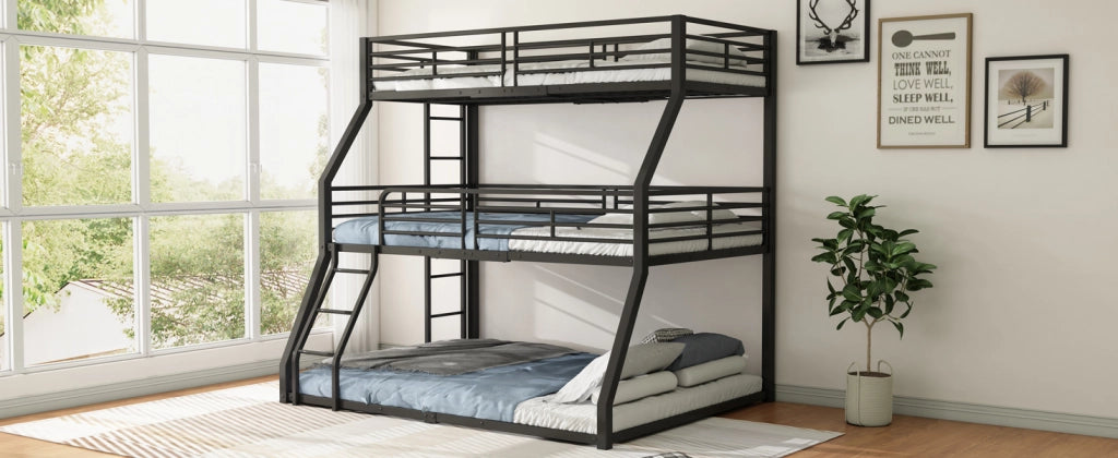 DESMIU Letto a castello 90 × 200 cm 3 posti con scala reversibile e sponde, senza materasso, in metallo, nero