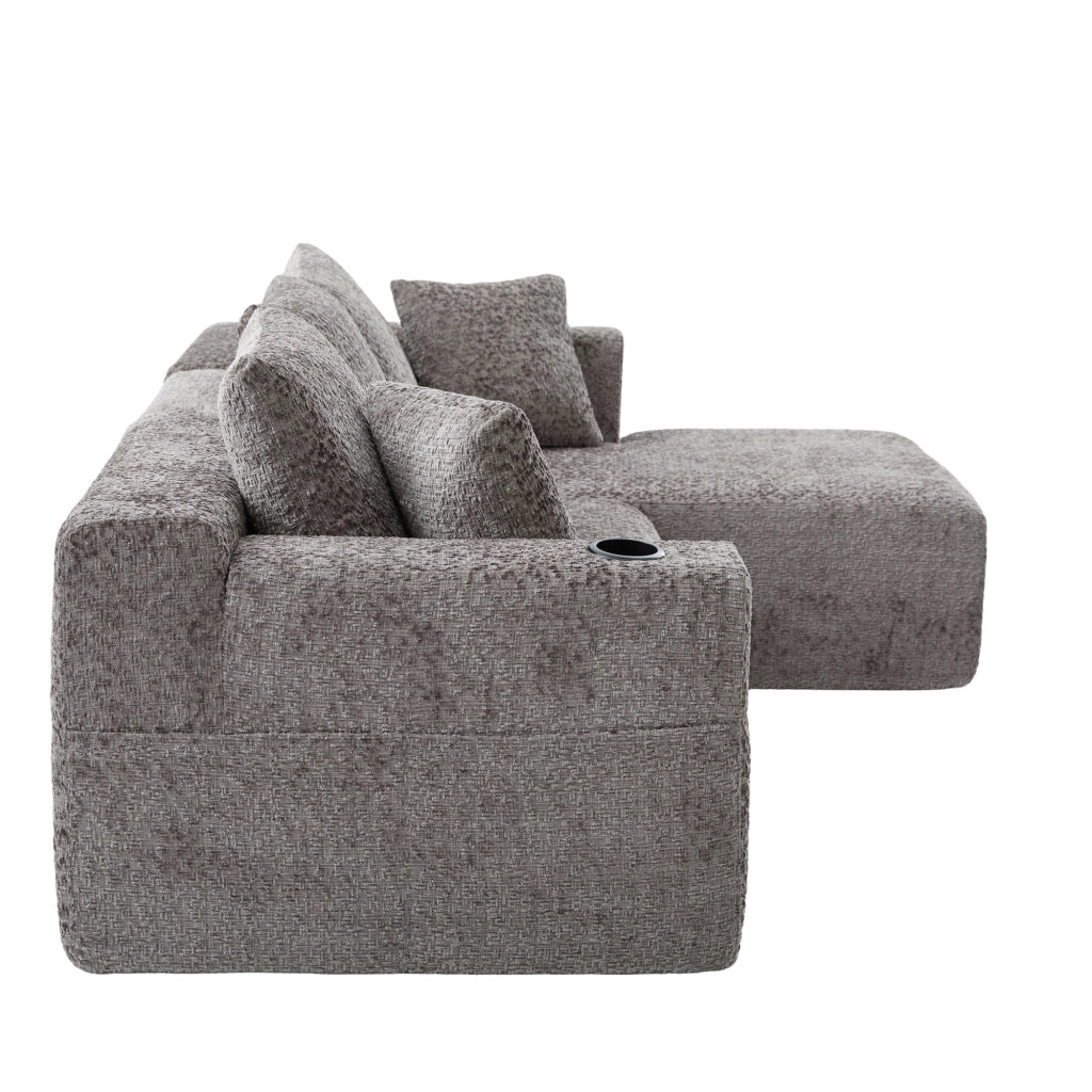 Divano angolare modulare in chenille con portabicchieri e tasche laterali grigio scuro 261 × 165 × 80 cm