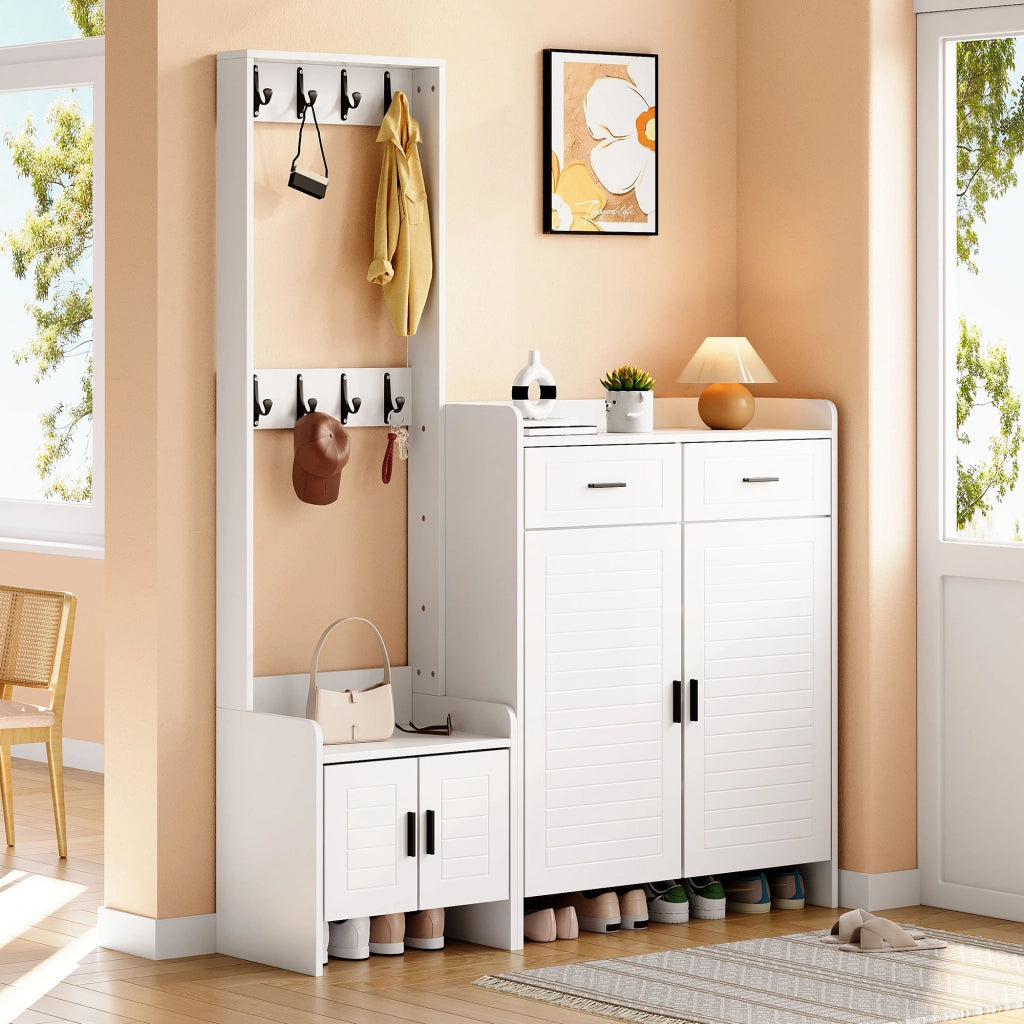 Mobile ingresso con 2 ante; 2 cassetti; 6 ripiani e 8 ganci - per ingresso - 125×36×165 cm - bianco