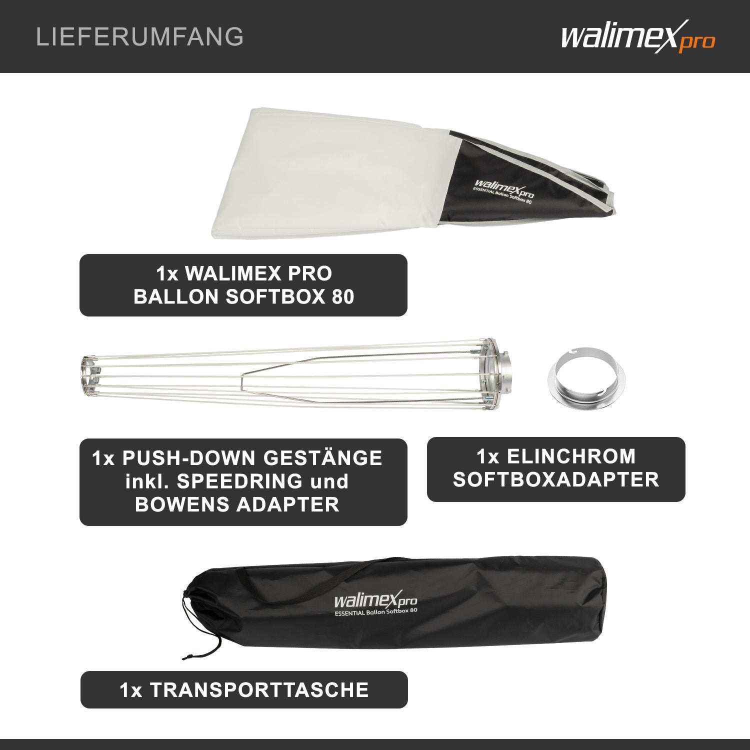 Essential Balloon Softbox 80cm + adattatore softbox per Elinchrom (diametro esterno: 15,2 cm), diffusore di luce a 360° ad apertura rapida, adattatore Bowens incluso