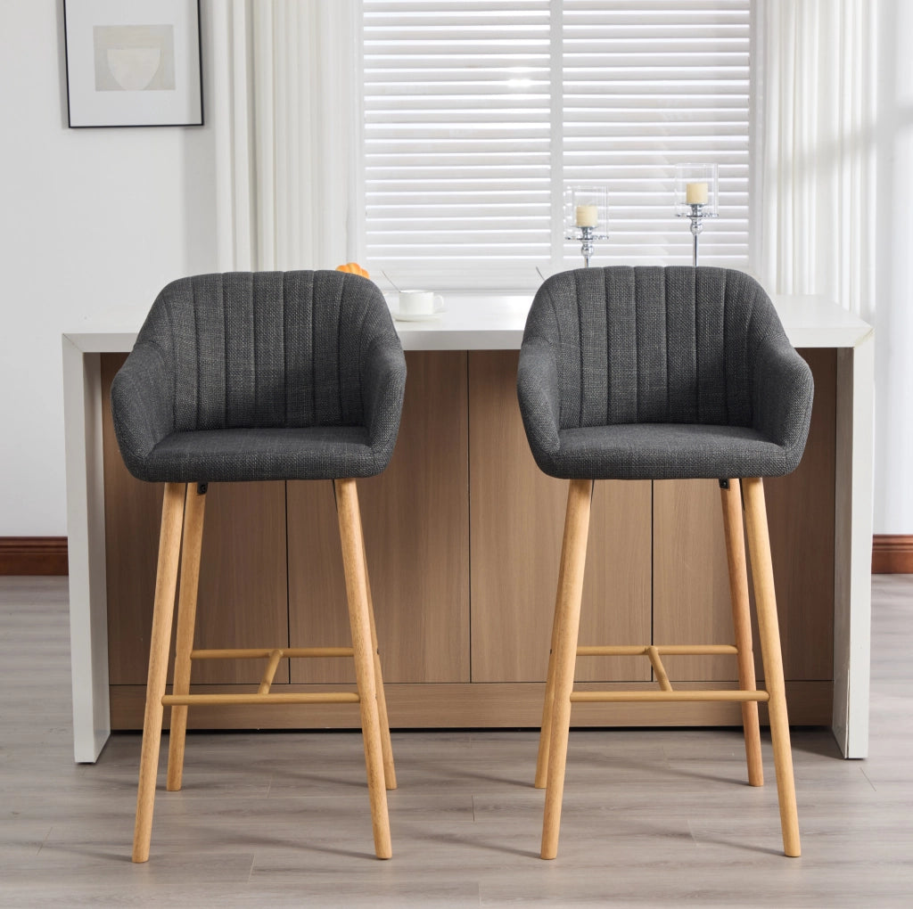 Set di 2 sgabelli da bar con schienale alto; braccioli e seduta in lino nero; 58;5 x 55 x 104 cm