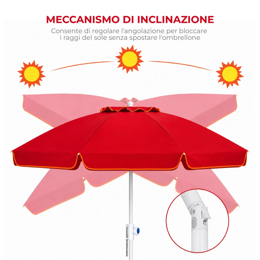 Ombrellone Mare Maxi 220 cm con Protezione UV, Palo a Vite e Inclinazione Regolabile, Parasole da Spiaggia con Presa d'Aria Antivento, Stecche Resistenti e Custodia Trasporto Rosso