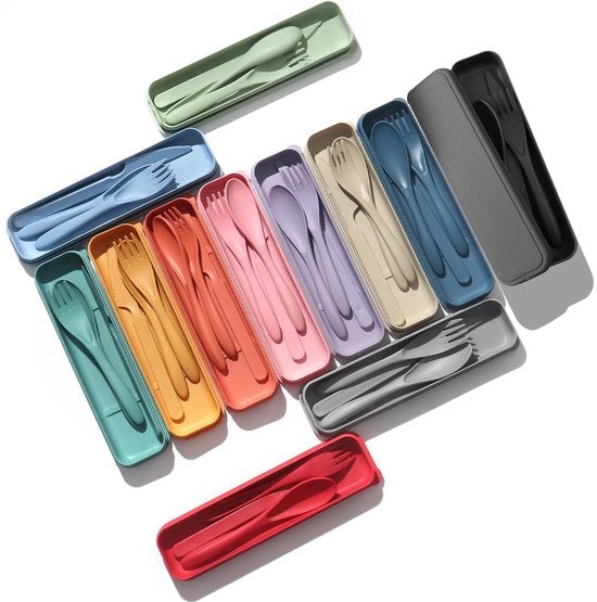 Set da cucina portatile da 12 pezzi - Vassoio con forchetta, cucchiaio e coperchio - Resistenti al magnetrón - Fatto di plastica leggera - Hermetico