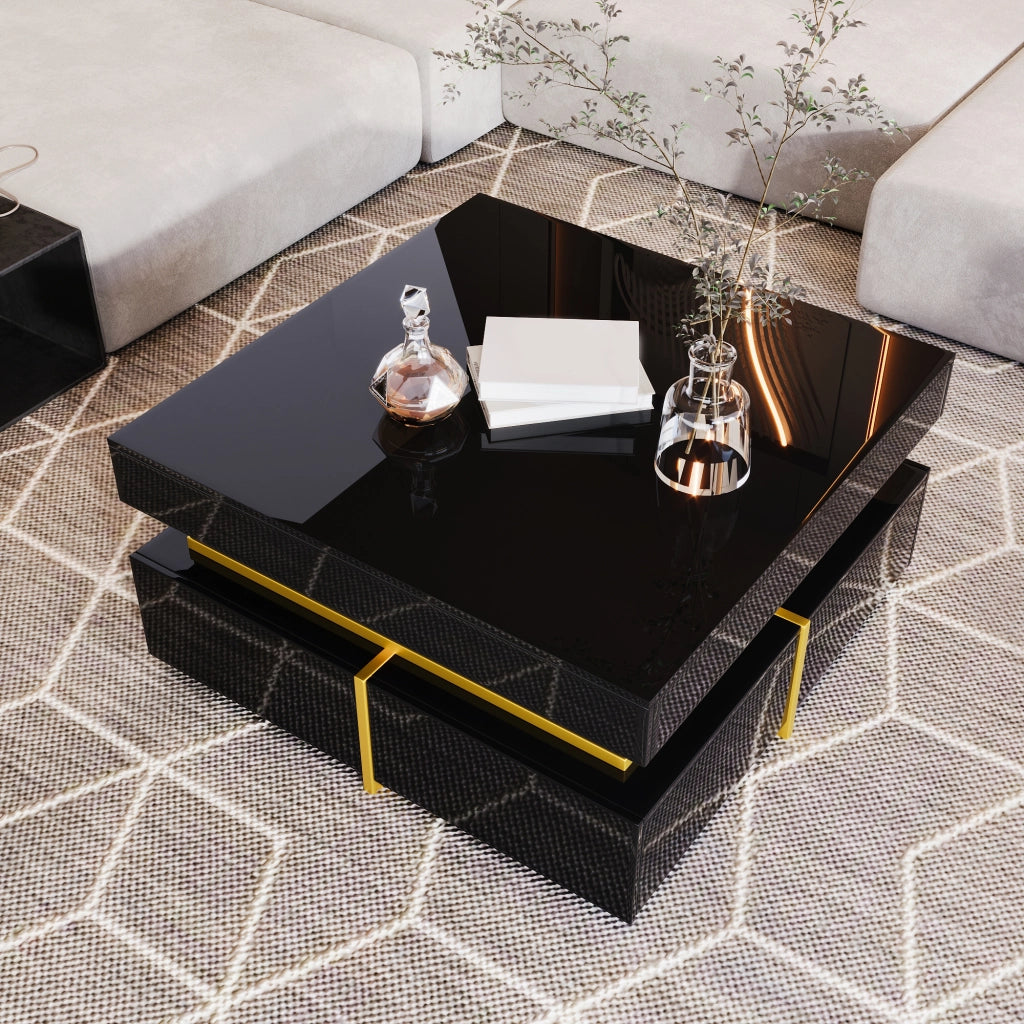 TAVOLINO da caffè lucido 70x70x35,5 cm nero con 2 cassetti