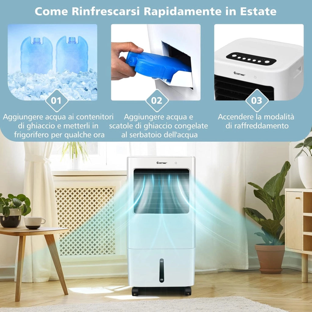 Condizionatore Portatile 3 in 1, Con Raffreddamento, Ventola e Umidificazione, Serbatoio dell’acqua di 20 L, 7,5 H Timer, Con 4 Velocità, Telecomando e Ruote