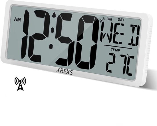 Orologio digitale a controllo radio, grande, schermo LCD HD 13,46 pollici, impostazione oraria automatica, calendario, allarme, funzione temperatura e timer, allarme acustico chiaro e definito, funzione di memoria, dimensioni 358 x 149 x 36 mm