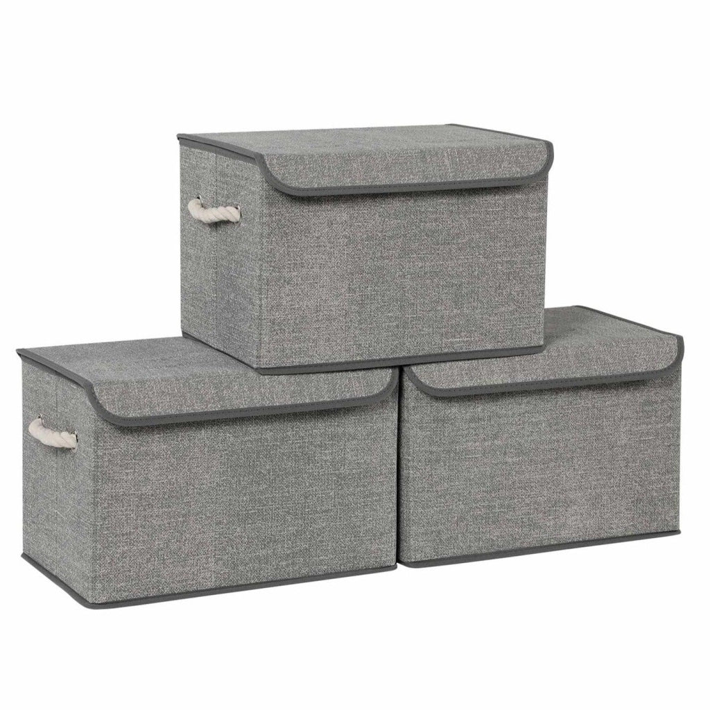 Scatole portaoggetti in tessuto set di 3 bauli/contenitori con coperchio manici cotone fantasia lino grigio 12_0003634