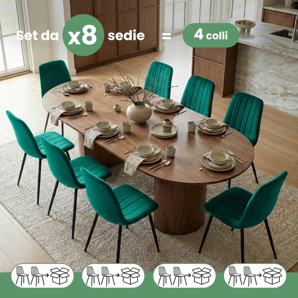 Set di 8 Sedie in velluto trapuntate LUMO Verde Bottiglia gambe nere