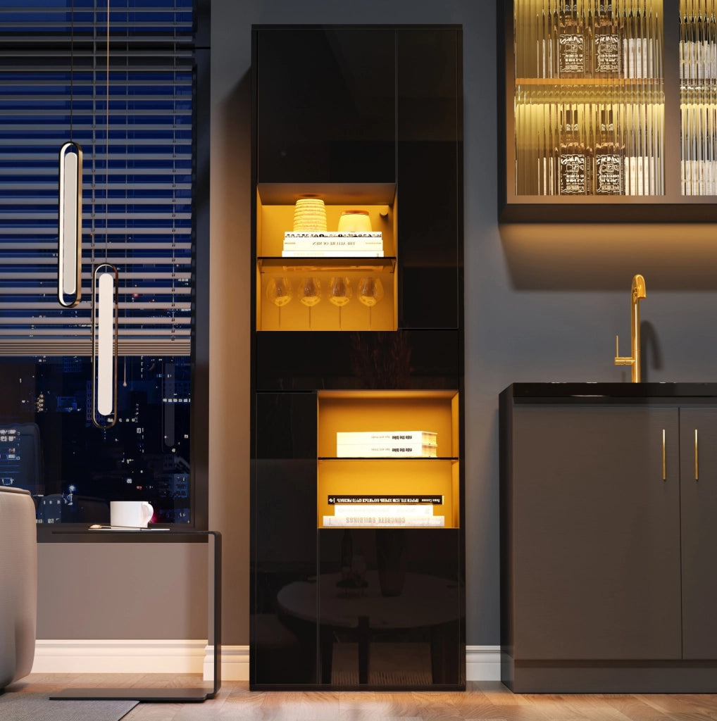Vetrina alta LED nera 55x38x170 cm con 1 cassetto