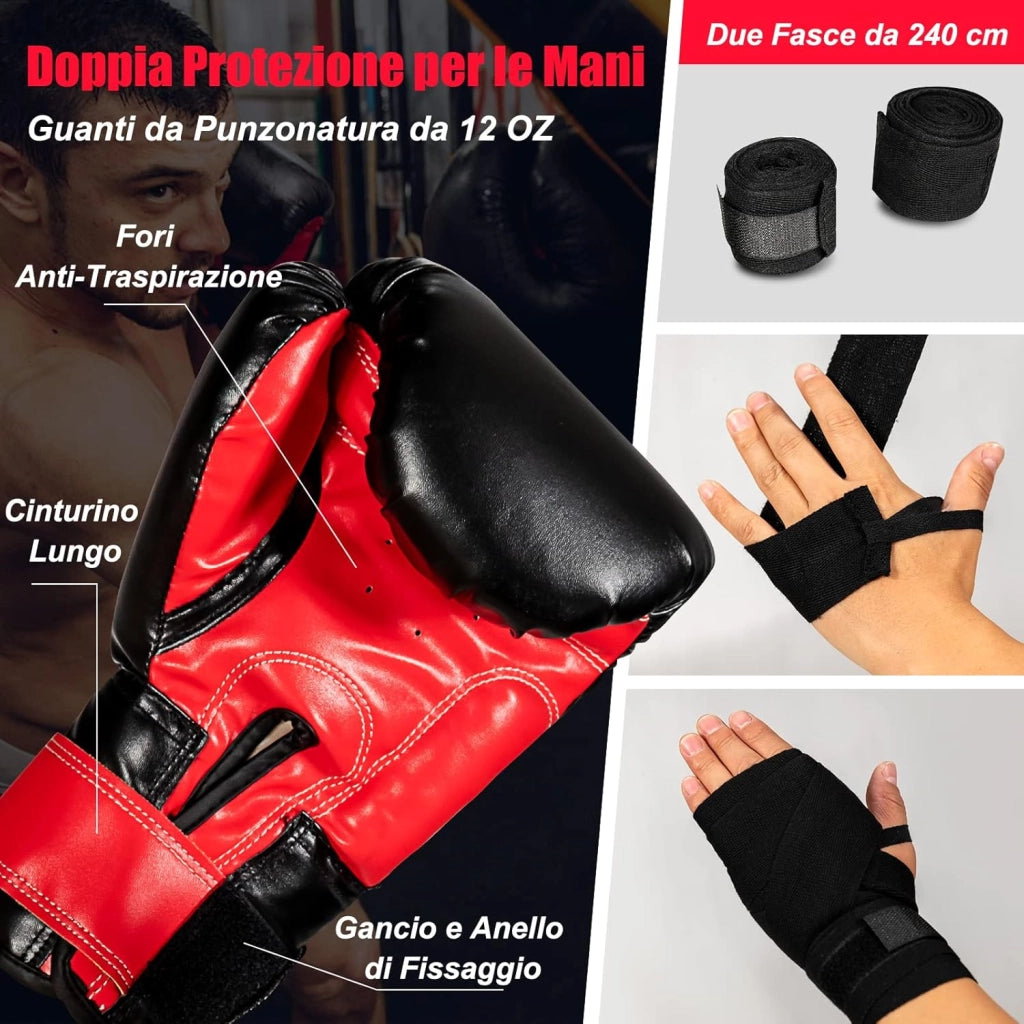 Sacco da Boxe per Adulti 29 kg, Sacco da Boxe Appeso con Guanti, Gancio e Fasce per Mani, Ideale per Muay Thai, Karate, Taekwondo