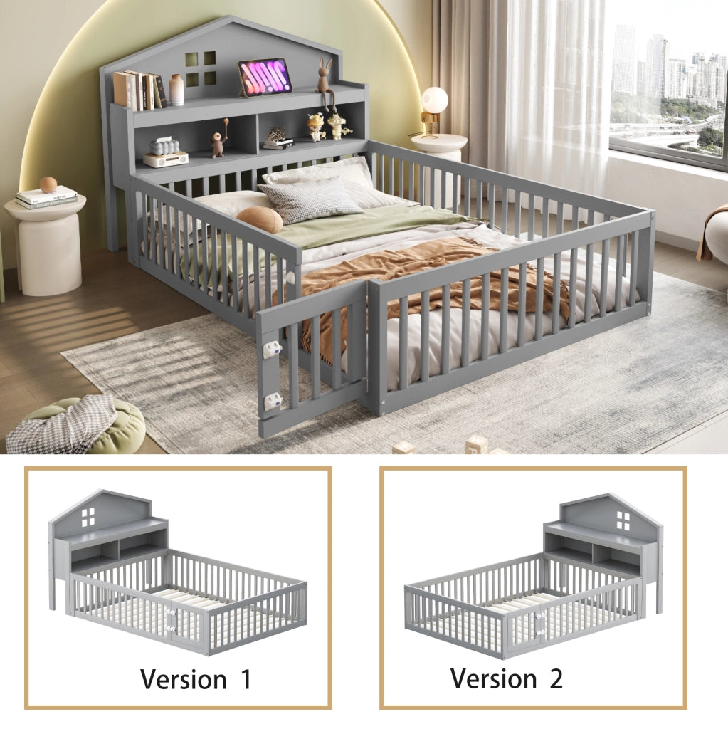 Letto per bambini a forma di casa 140x200 cm in legno massello grigio; con contenitore e rete a doghe