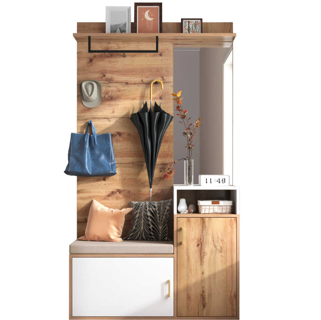 Set ingresso con specchio; scarpiera e appendiabiti 105x40x190;5 cm bianco e legno