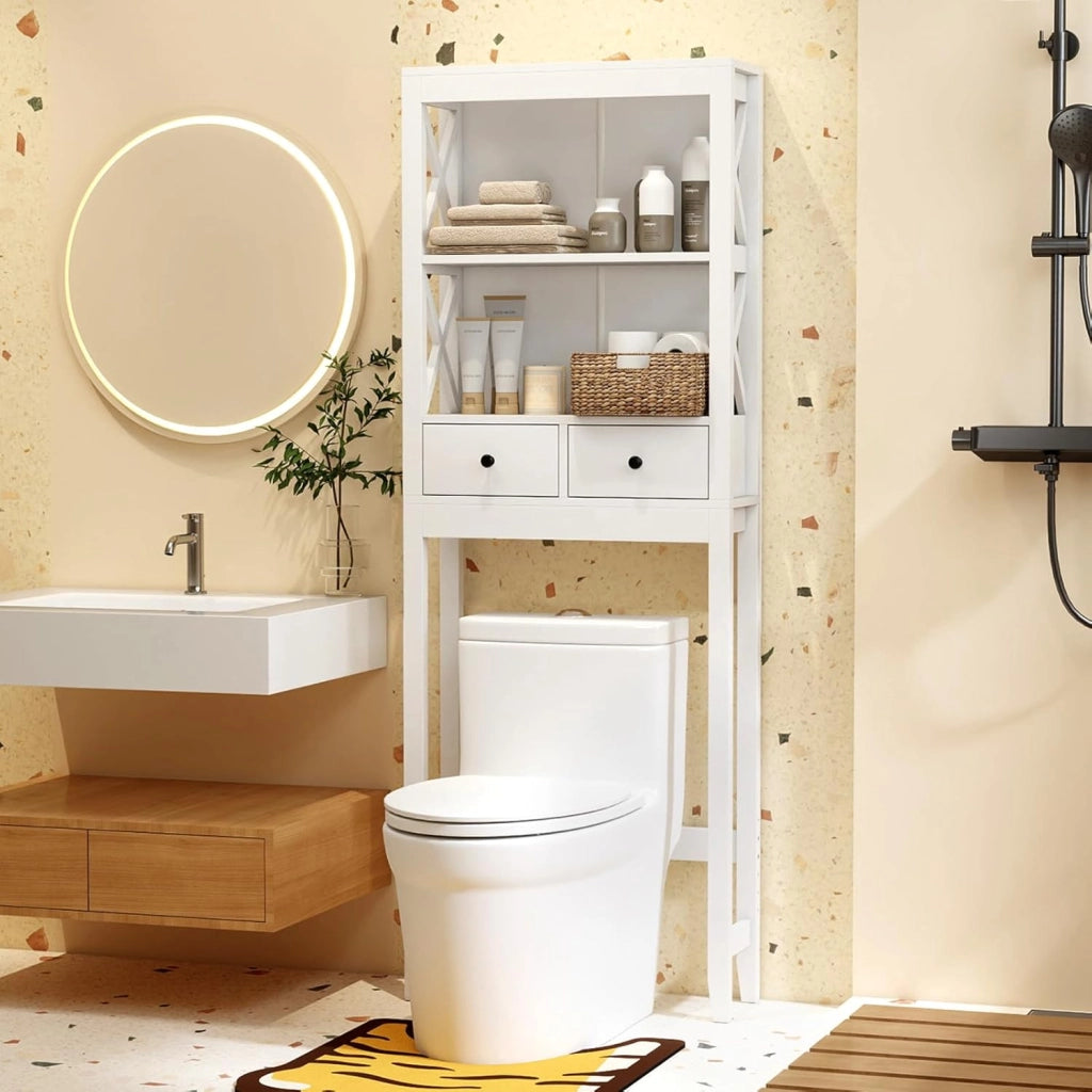 Mobile Sopra Lavatrice, Armadietto da Bagno Indipendente Alto 165 cm con Ripiani Aperti, Cassetti e Barra Inferiore Regolabile, Mobile Sopra WC Salvaspazio, 60 x 20,5 x 165 cm