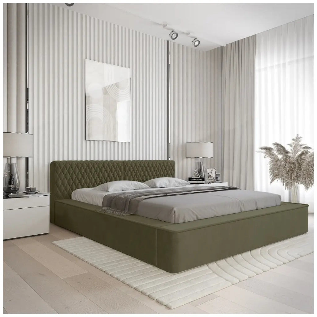 Letto contenitore VERNON – Tessuto bouclé di ciniglia Foglia d'olivo – 160x200 cm – Rete sollevabile – Design di alta gamma