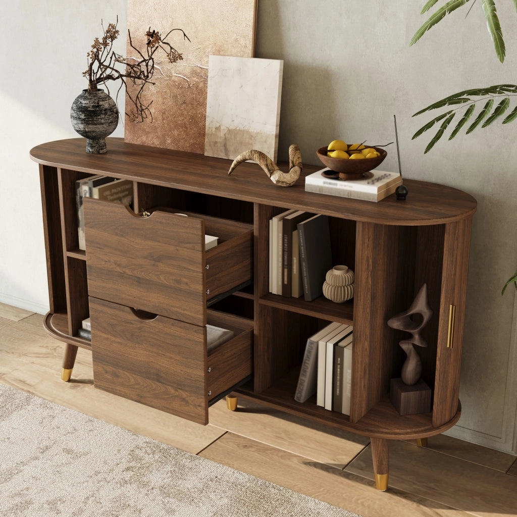 Credenza con 2 Ante Scorrevoli e 2 Cassetti; Angoli Arrotondati; Stile Moderno; in MDF; 140×40×79;5 cm; Noce