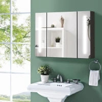 kleankin Armadietto con Specchio da Bagno a Parete in MDF con 3 Armadietti, 3 Ripiani e Luce LED, 90x15x65 cm, Nero