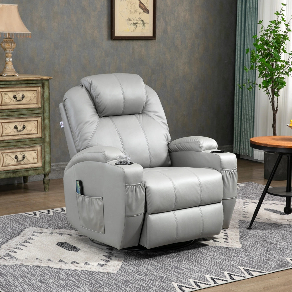 Poltrona Massaggiante e Reclinabile con Poggiapiedi e Telecomando. in Pelle PU. 89x99x106 cm. Grigio