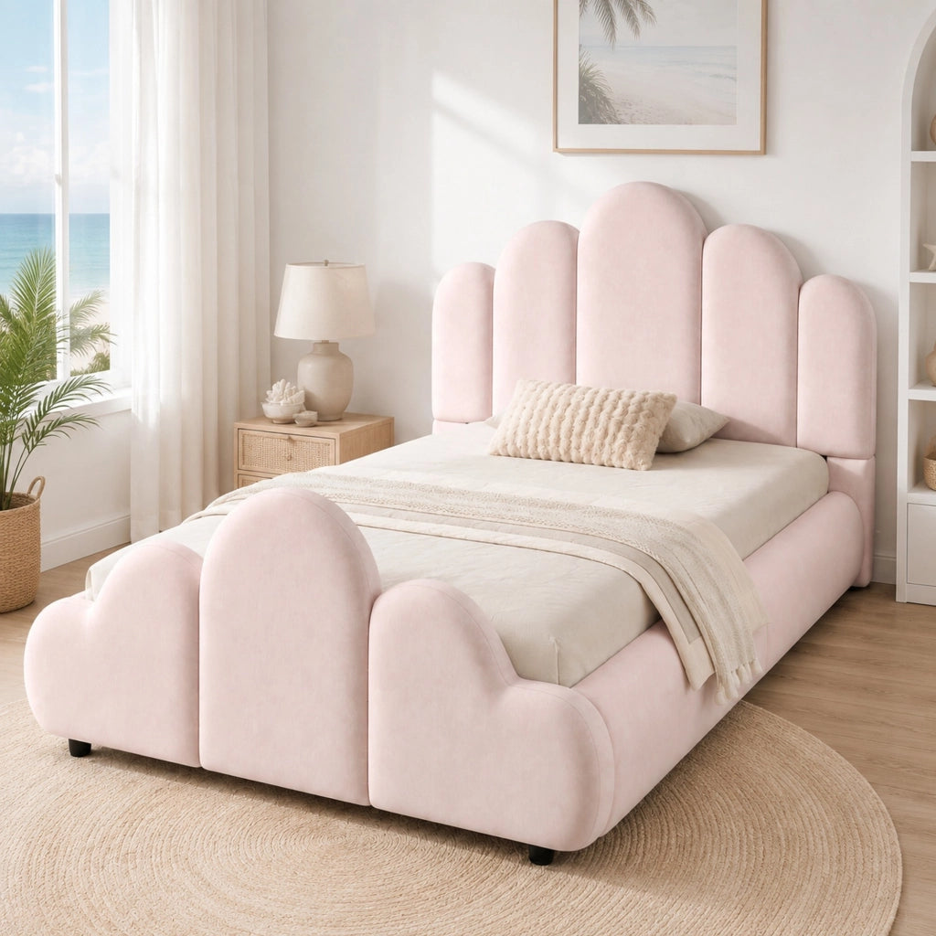 Letto singolo imbottito 90x200 cm in velluto rosa con testiera arrotondata e rete inclusa
