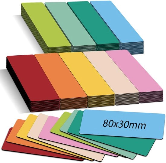 Strisce Magnetiche Descrivibili - 8x3cm 45 pezzi Banchi Magnetici per Scrivere & 1 Penna - 9 Colori Magneti Riscrivibili per Tabellone Kanban, Tabellone Bianco & Tabellone Scuola