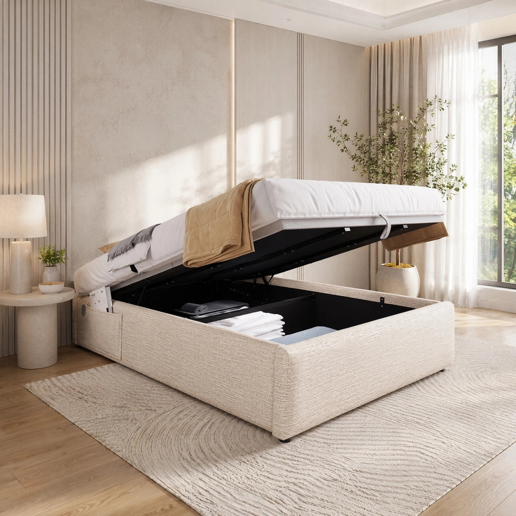 LETTO Contenitore 140x200 cm in lino naturale senza testiera USB/Type-C