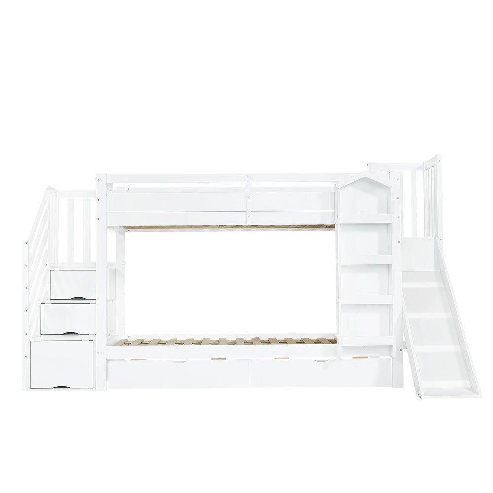 Letto a Castello per Bambini con Scivolo, Cassetti e Libreria ¨C Xylo ¨C Pino/MDF, Bianco, 90x200
