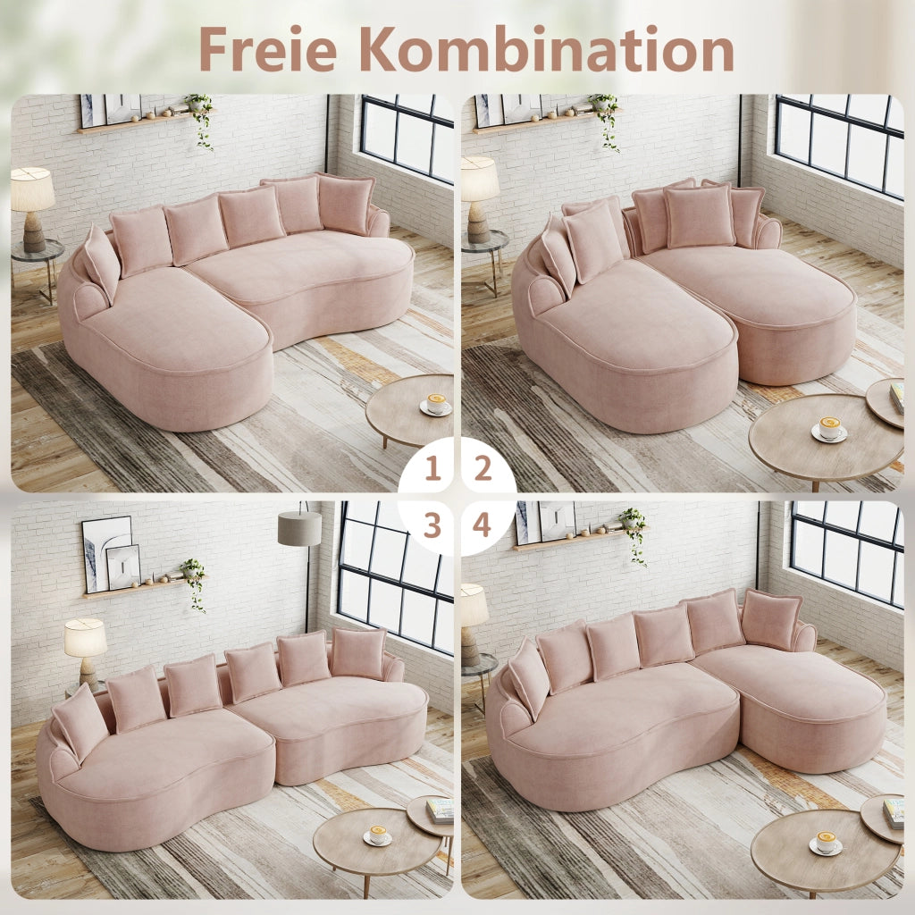 Divano modulare senza struttura a due moduli convertibile in letto con design ergonomico e cuscini in ciniglia rosa