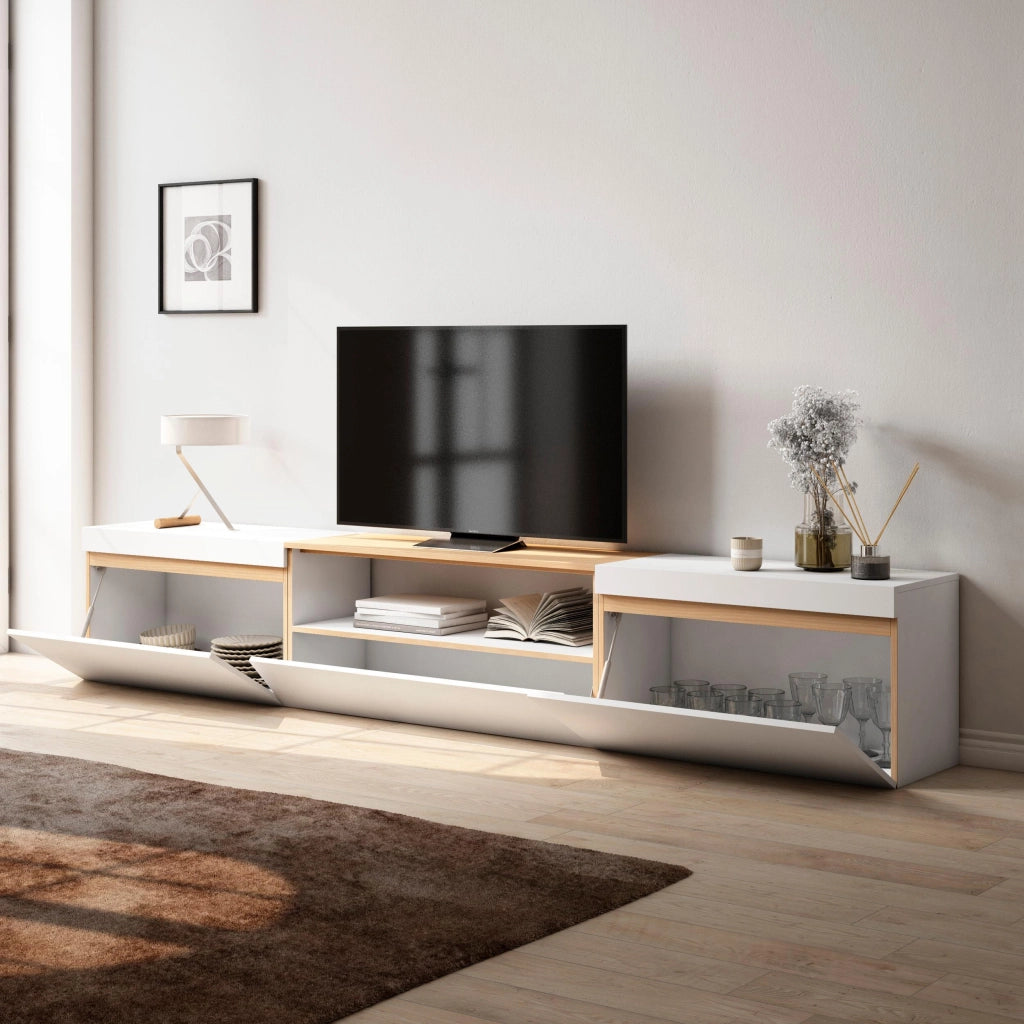 Mobile TV Soggiorno, 260x45x35cm, TV di grande formato, Mobile Soggiorno, Bianco e Rovere soft