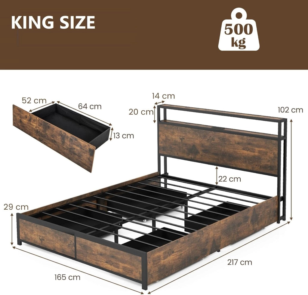 Struttura letto 160 x 200 cm con LED, telaio in metallo, letto con stazione di ricarica, letto per armadio, 4 cassetti da pavimento, letto matrimoniale con testiera e rete a doghe, telaio del