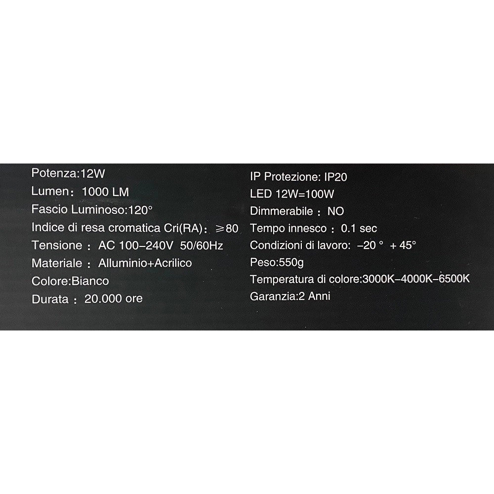 Trade Shop - Applique Lampada Da Parete Luce Led Moderna 12 Watt Luce 4000k 6500k 3000k E59-b -