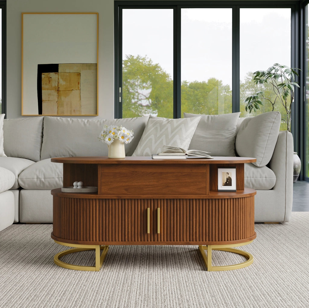 Tavolino da caffÃ¨ ovale 100x50x64 cm con piano sollevabile e vani in MDF noce