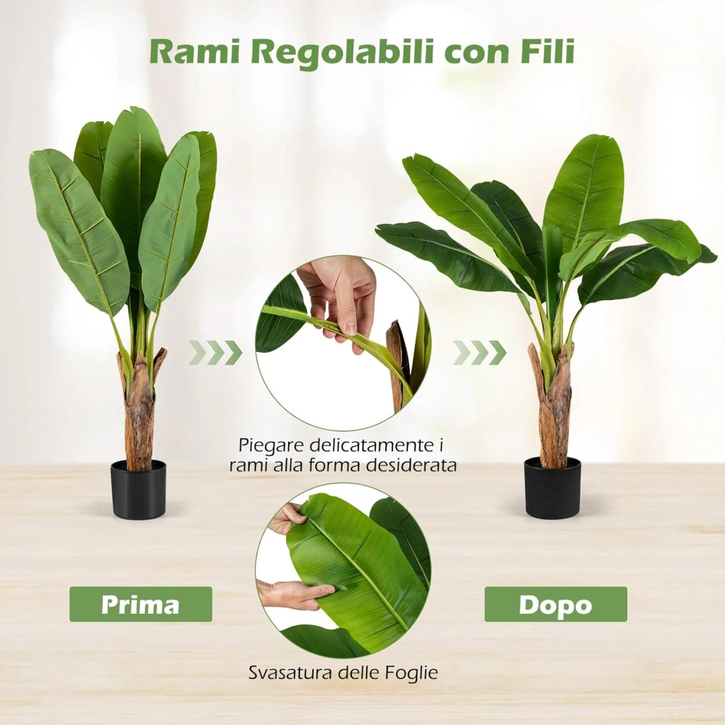 Set da 2 Alberi di Banane Artificiali, Pianta Finta con Foglie di Banana e Rami Regolabili con Vaso, Pianta in Vaso Decorativa da Interno per Soggiorno o Ufficio