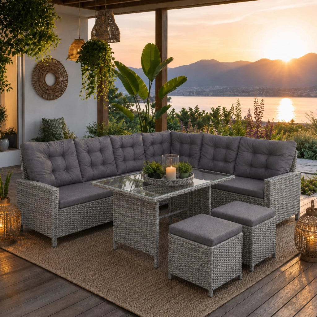 Set Da Giardino Angolare In Polyrattan Con Tavolino Doppio Piano Vetrato Due Pouf E Cuscini Morbidi Salotto Per Terrazza Veranda Balcone Zona Piscina Grigio
