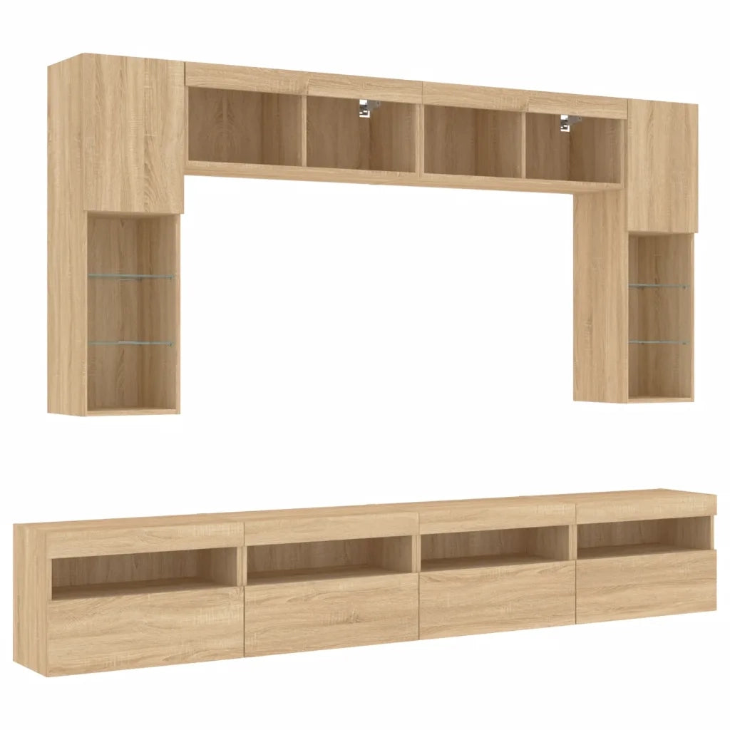 Set Mobili TV a Muro 8 pz con Luci LED Rovere Sonoma