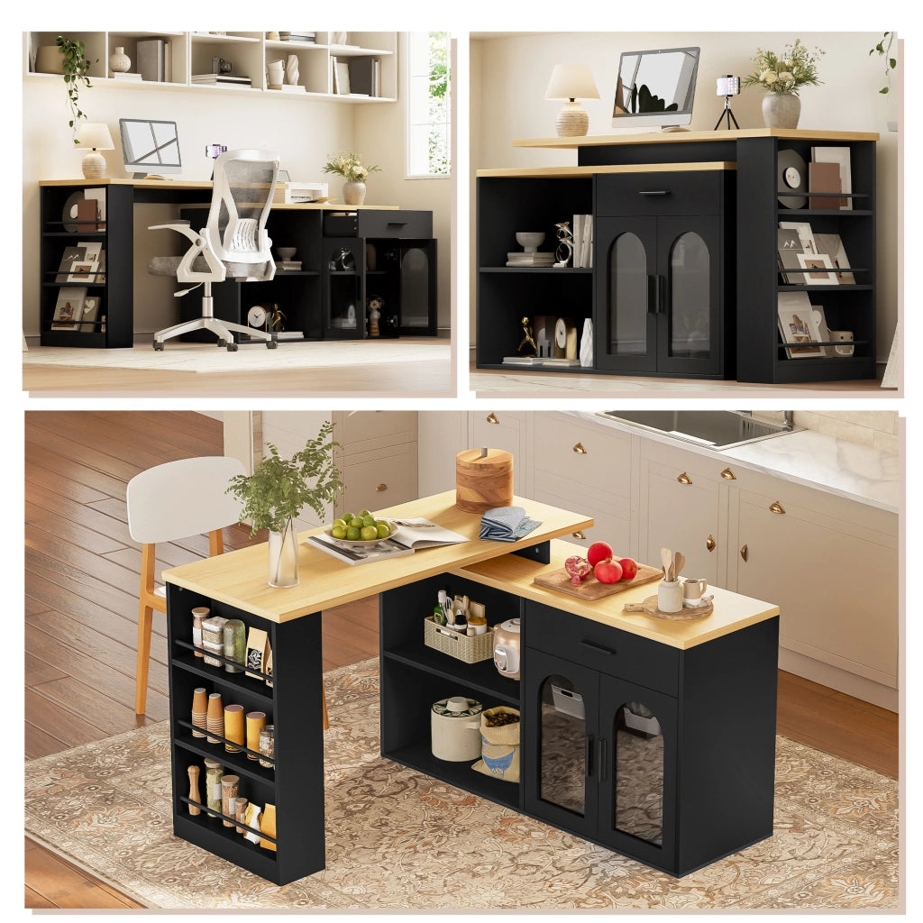 Isola da cucina con piano girevole 360°, mobile contenitore, scrivania e credenza con ripiani, Nero/Naturale