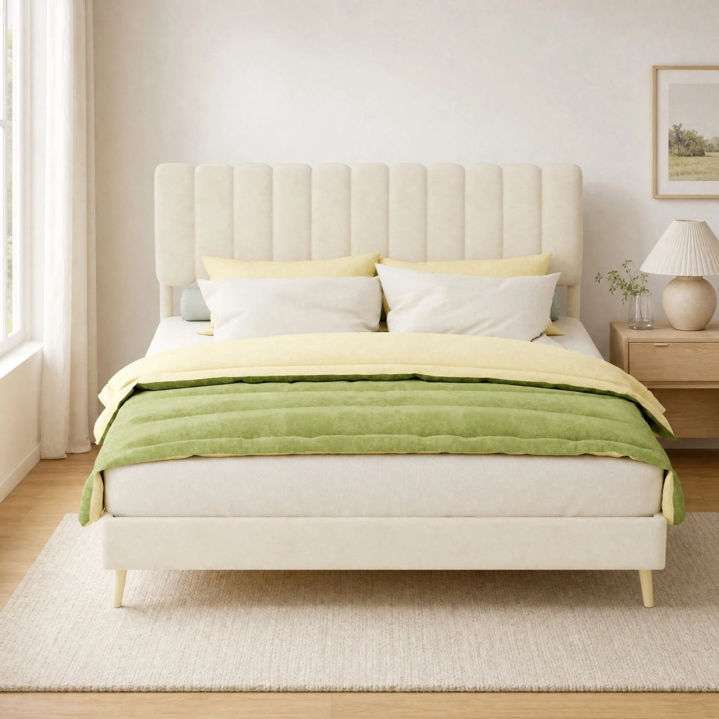 Letto imbottito 160 × 200 cm con rivestimento in velluto olandese beige e base a piattaforma senza materasso
