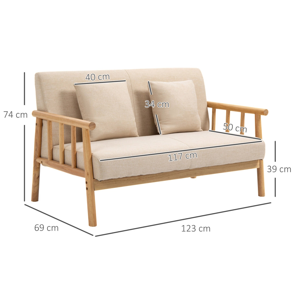 Divano 2 posti ULEVR 123x69x74 cm beige con struttura in legno di gomma e 2 cuscini decorativi