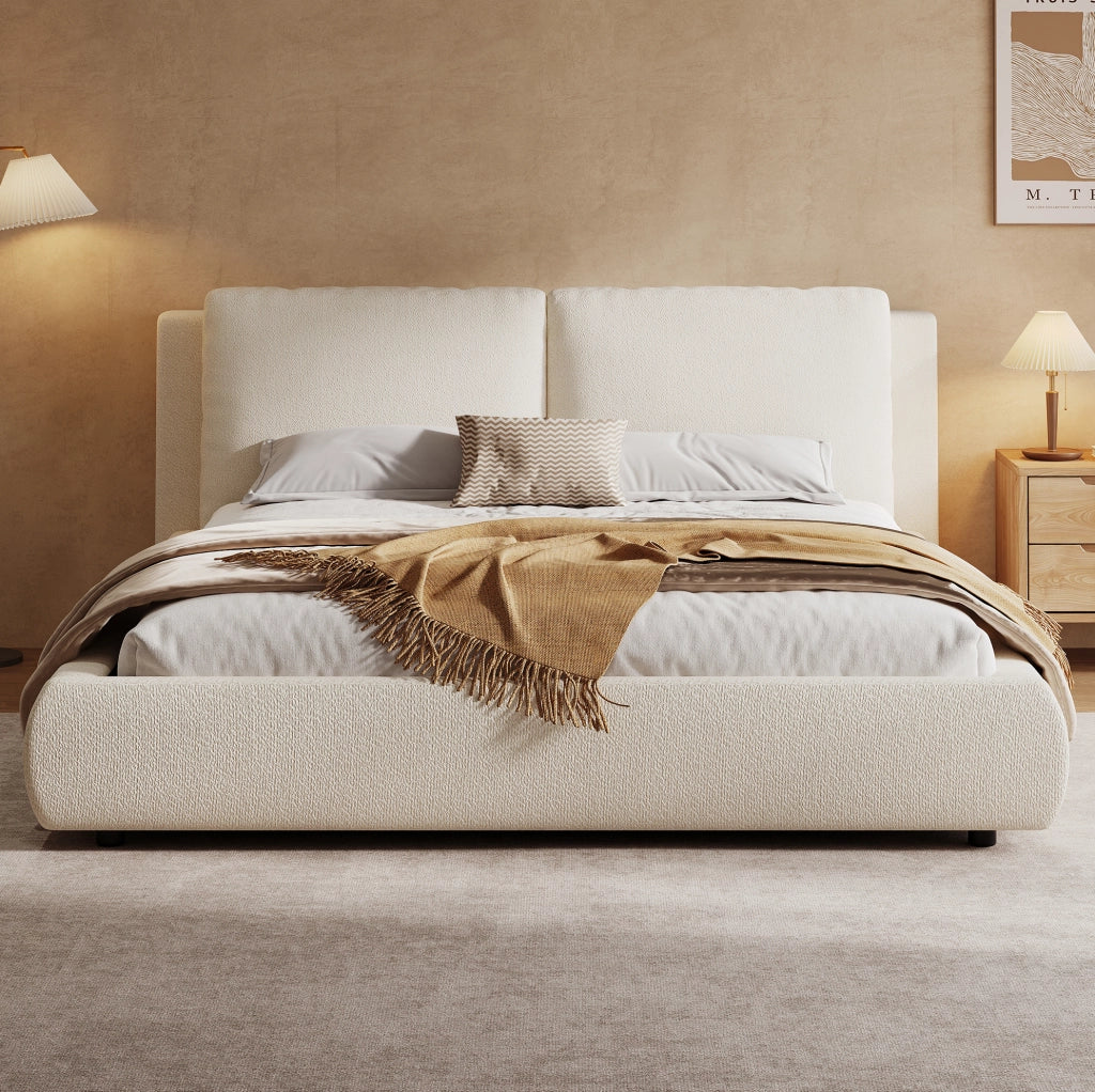 Letto matrimoniale imbottito 180x200 cm con contenitore; rete a doghe e testiera in bouclé beige